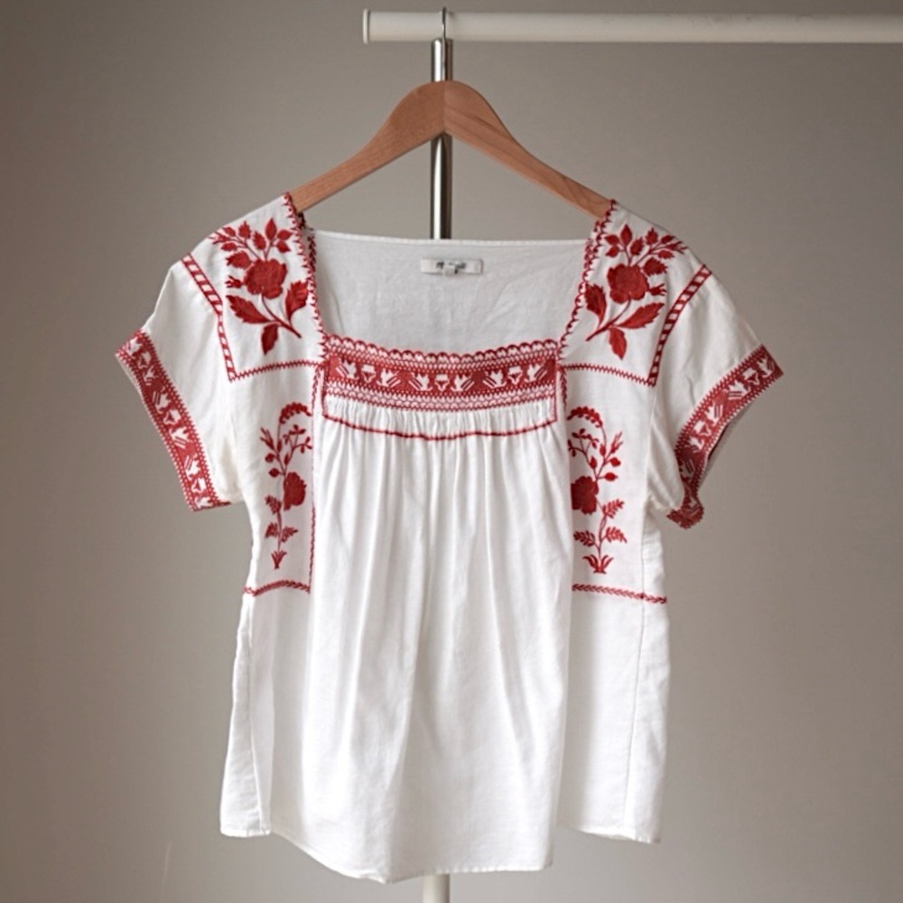 Madewell Ivory Top with Red Embroidery
